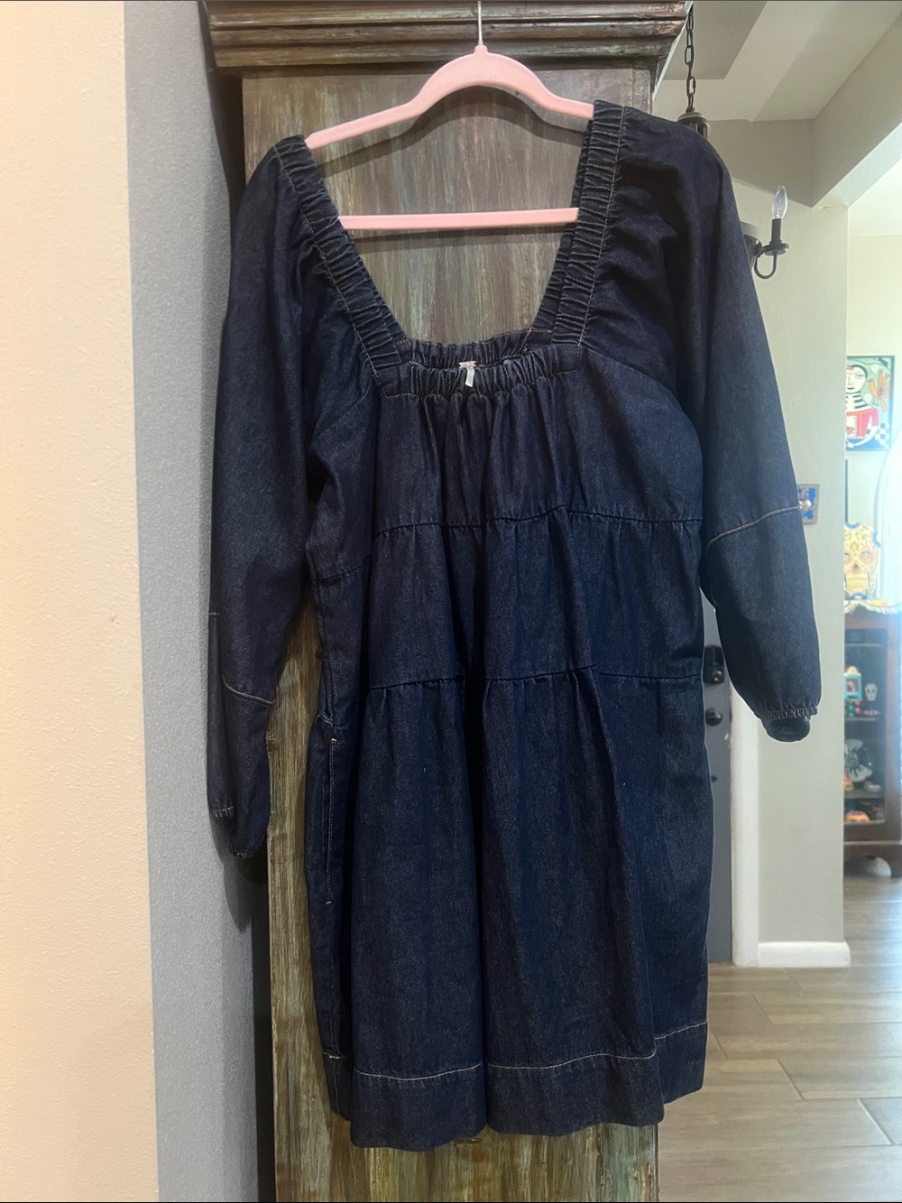 Free People Dark Blue Denim Smocked Square-Neck Mini Dress